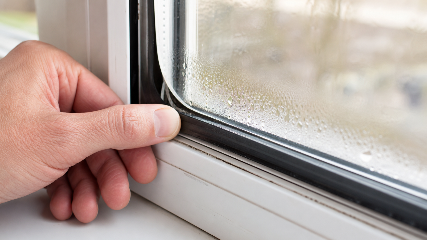Nahaufnahme einer gealterten Fensterdichtung mit Kondenswasser am Glasrand