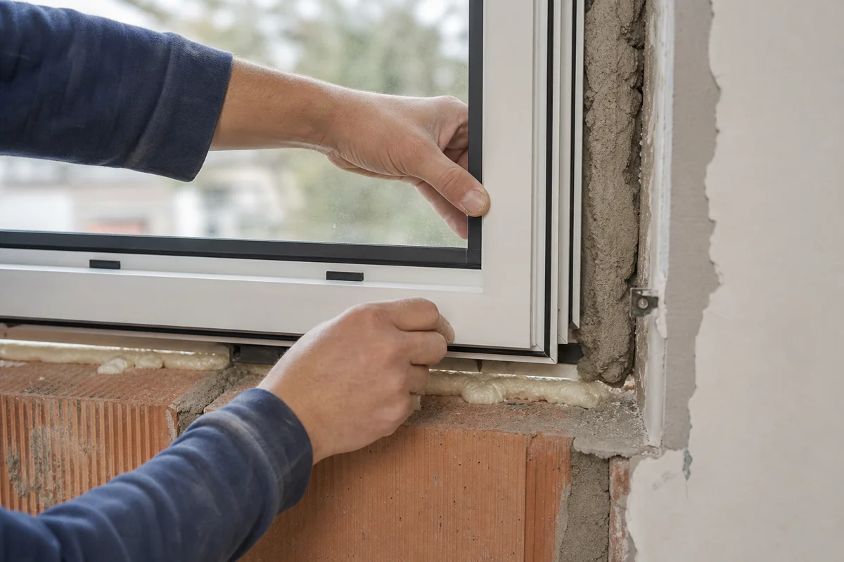 Detailansicht beim Einbau eines Kunststofffensters