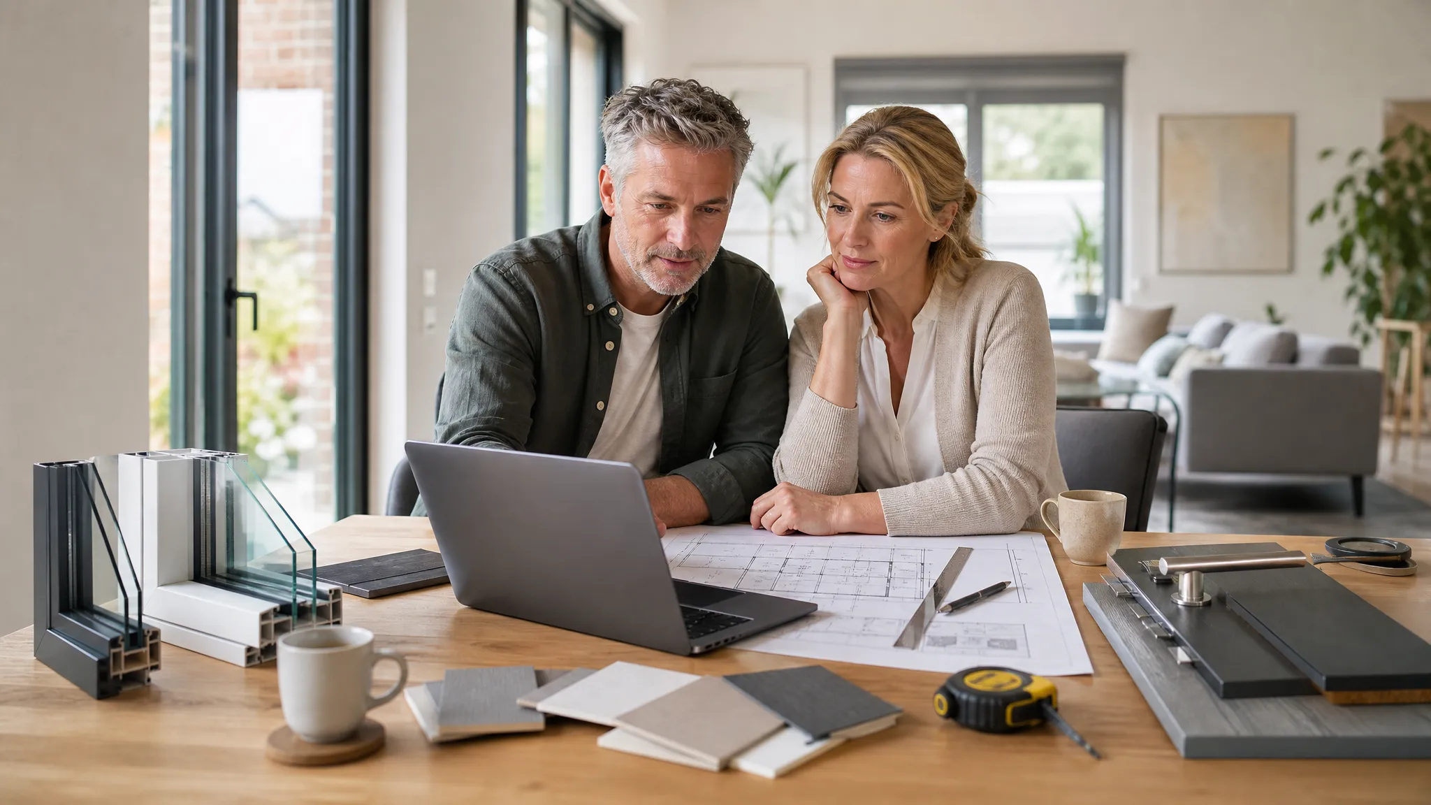 Hausbesitzer vergleichen Angebote für neue Fenster und Außentüren am Laptop