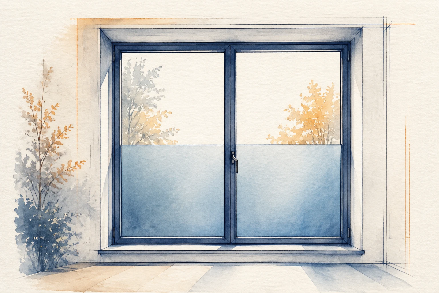 Heller Wohnraum mit Sichtschutzglas im unteren Bereich eines großen Fensters
