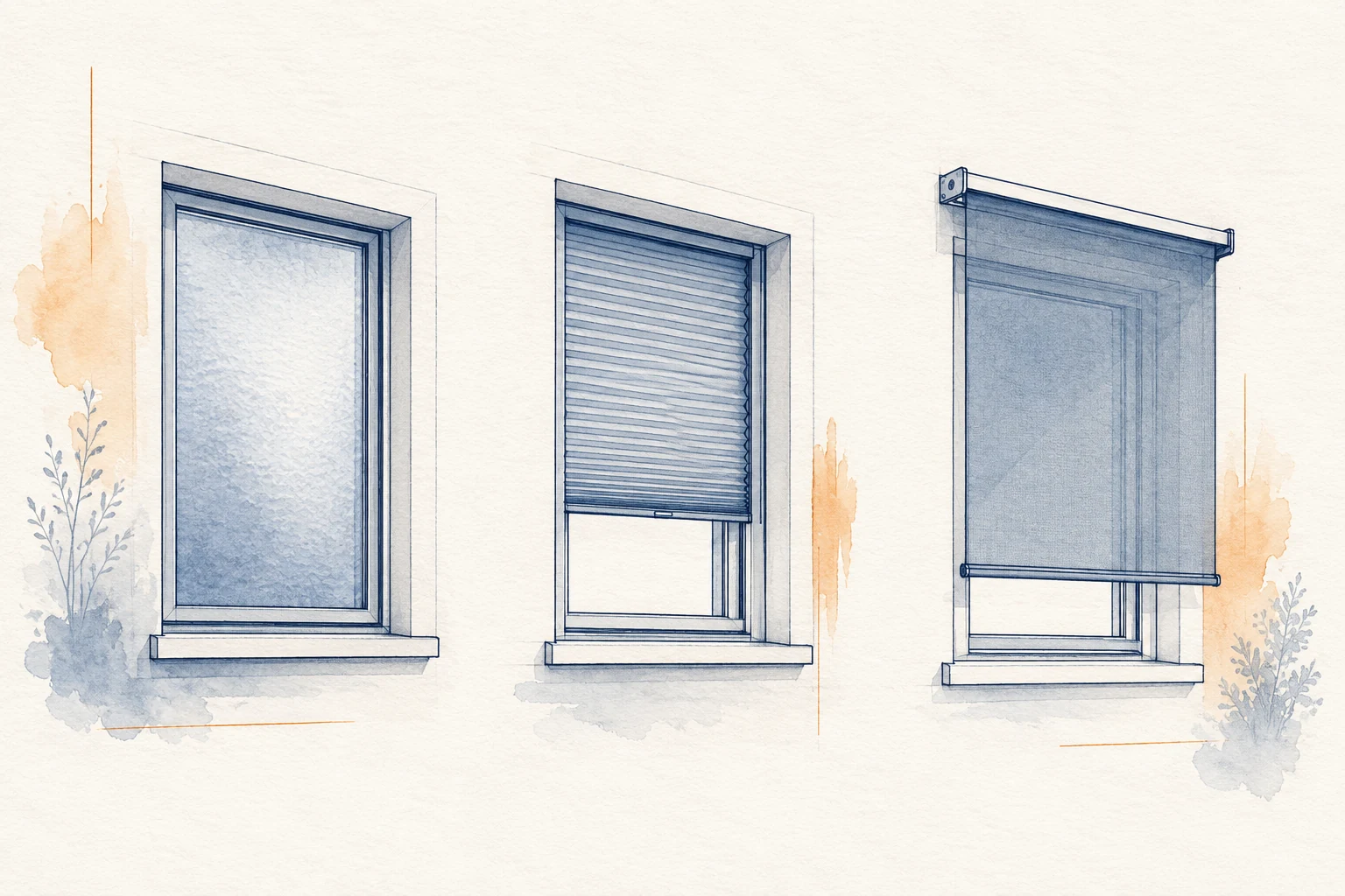 Vergleich von Sichtschutzglas, Plissee und außen liegendem Textilscreen am Fenster