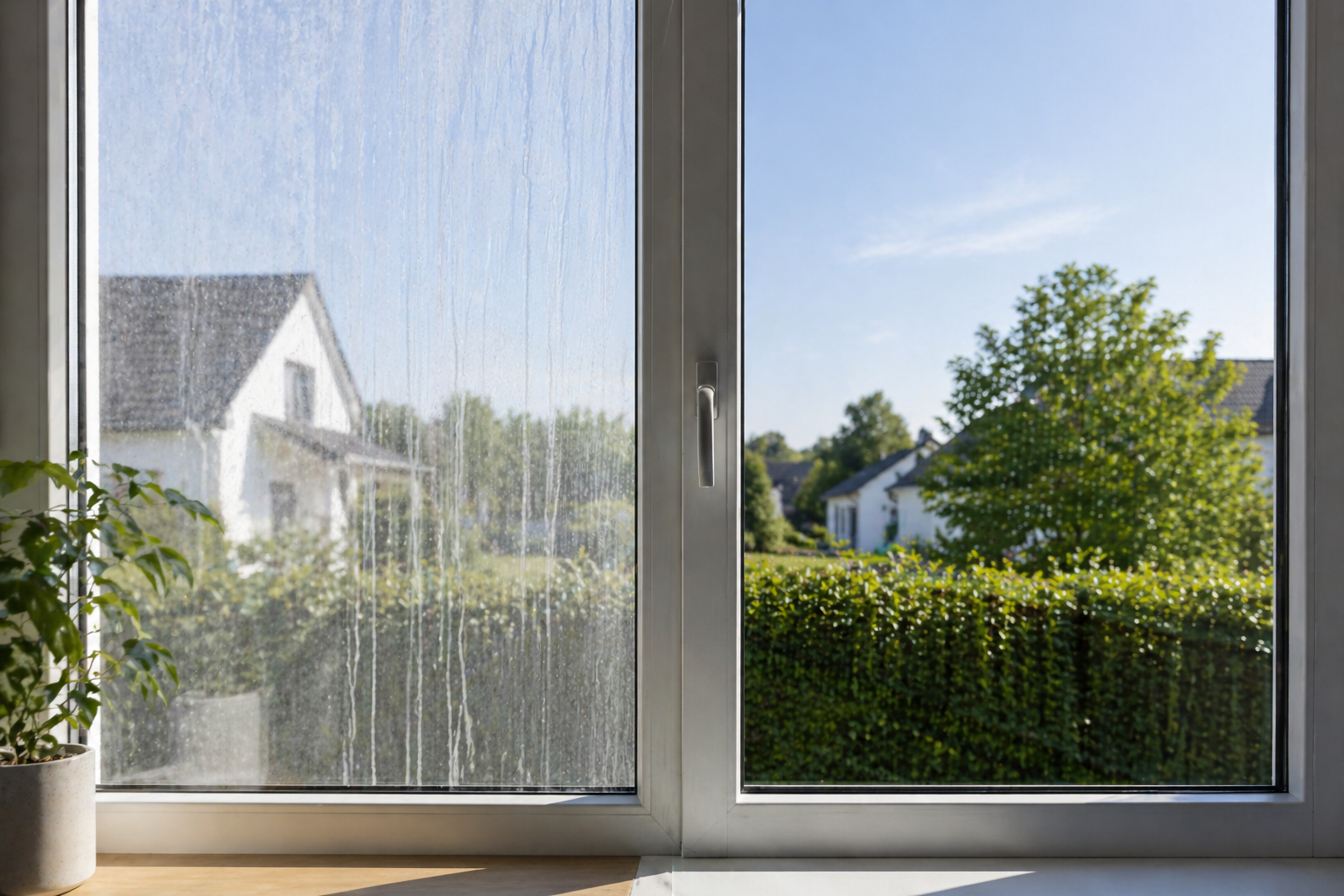 Vergleich von streifiger und streifenfrei geputzter Fensterscheibe
