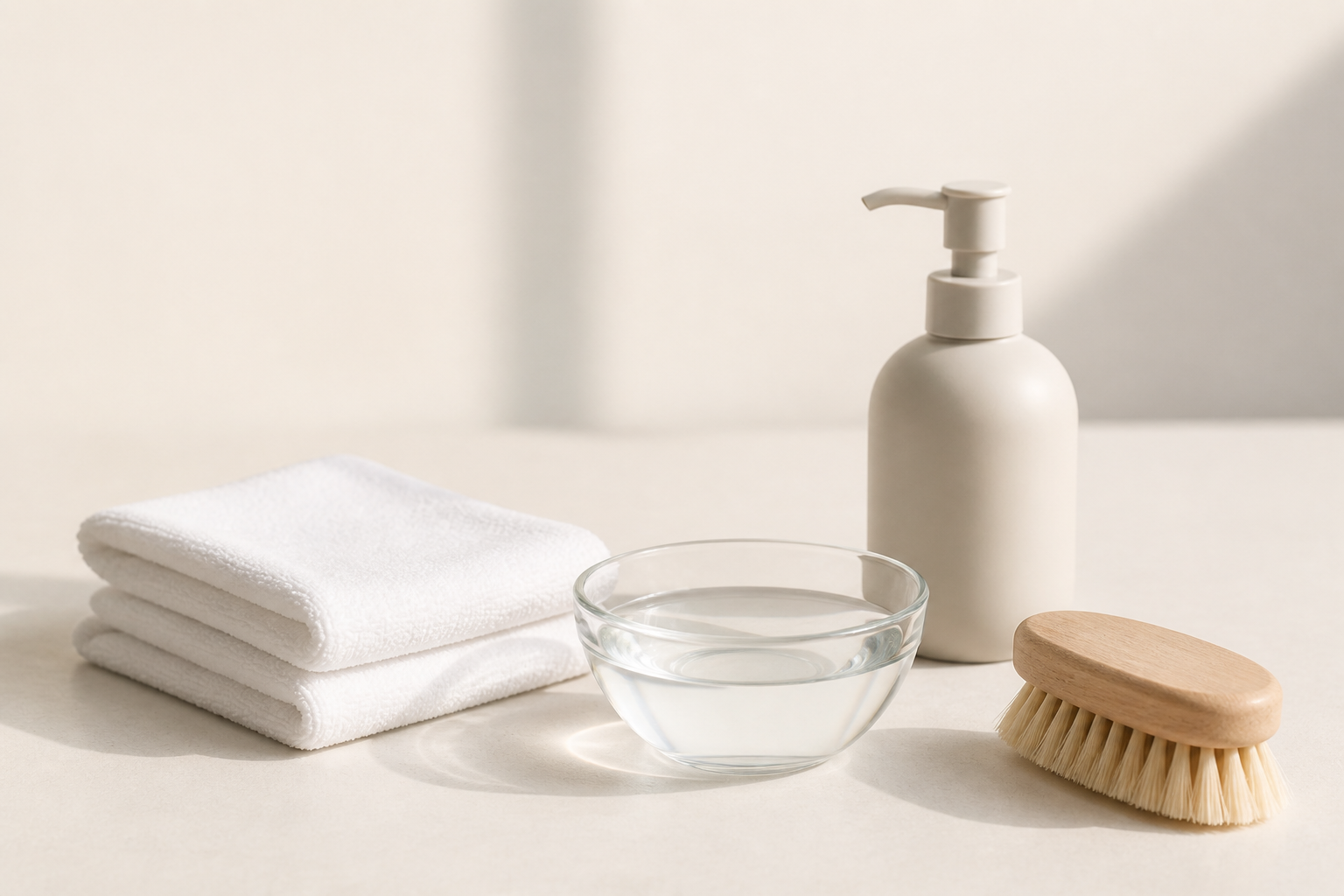 Schonendes Reinigungsset mit Mikrofasertüchern, Wasser und mildem Reinigungsmittel für Fensterrahmen