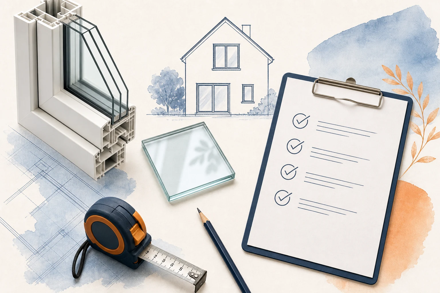 Checkliste für neue Fenster mit Profil, Glas, Maßband und Förderplanung