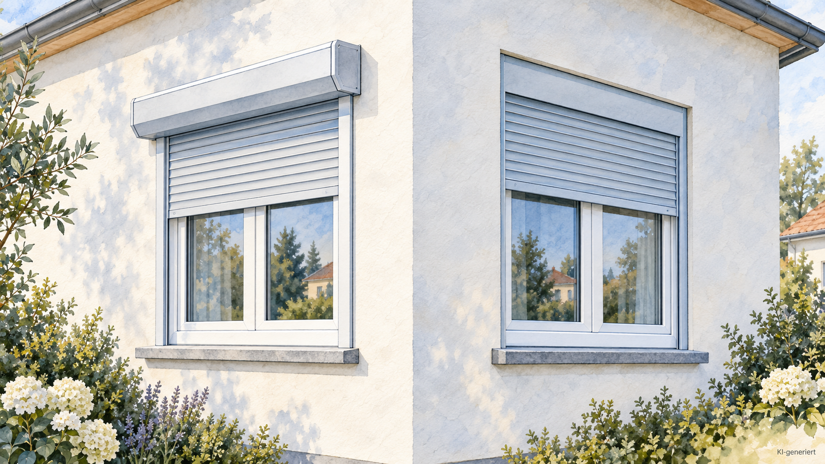 Zwei Hausfenster im Vergleich: links ein sichtbarer Vorbaurollladenkasten, rechts ein integrierter Aufsatzrollladenkasten.