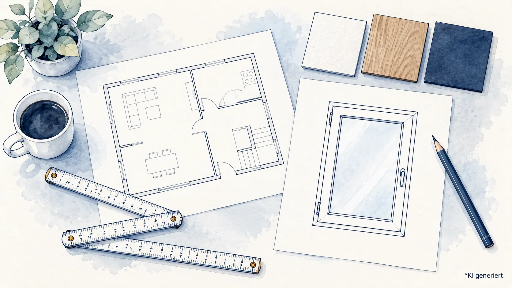 Aquarellillustration zur Fensterplanung mit Grundriss, Zollstock und Materialmustern