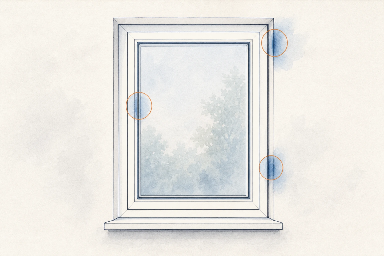 Schematische Übersicht der Prüfpunkte an Fensterdichtung, Rahmen und Wandanschluss