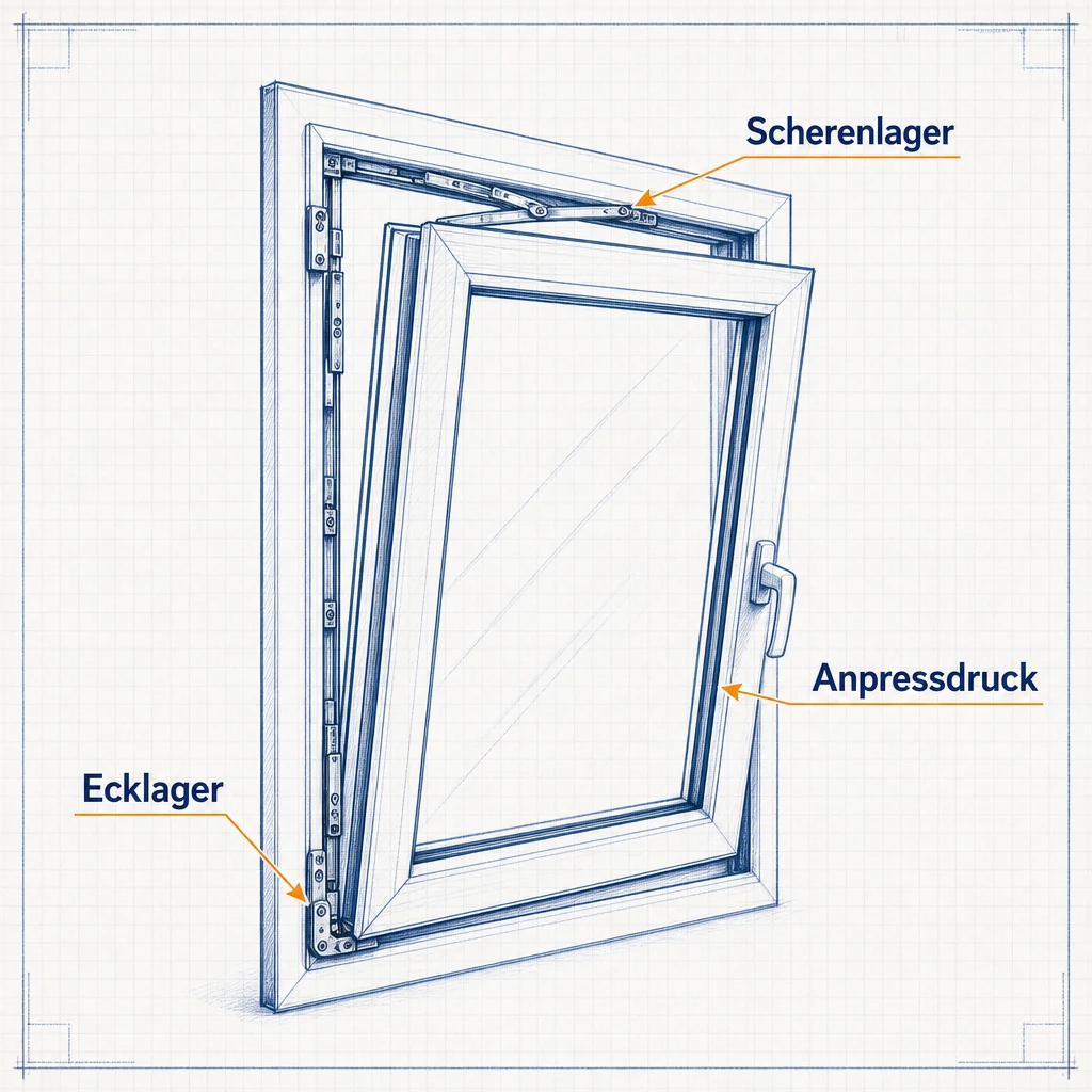 Blueprint-Infografik: Ecklager, Scherenlager und Anpressdruck am Fenster