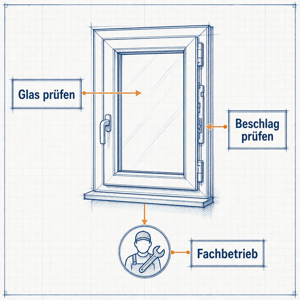 Blueprint-Infografik: Sicherheitscheck vor dem Einstellen eines Fensters