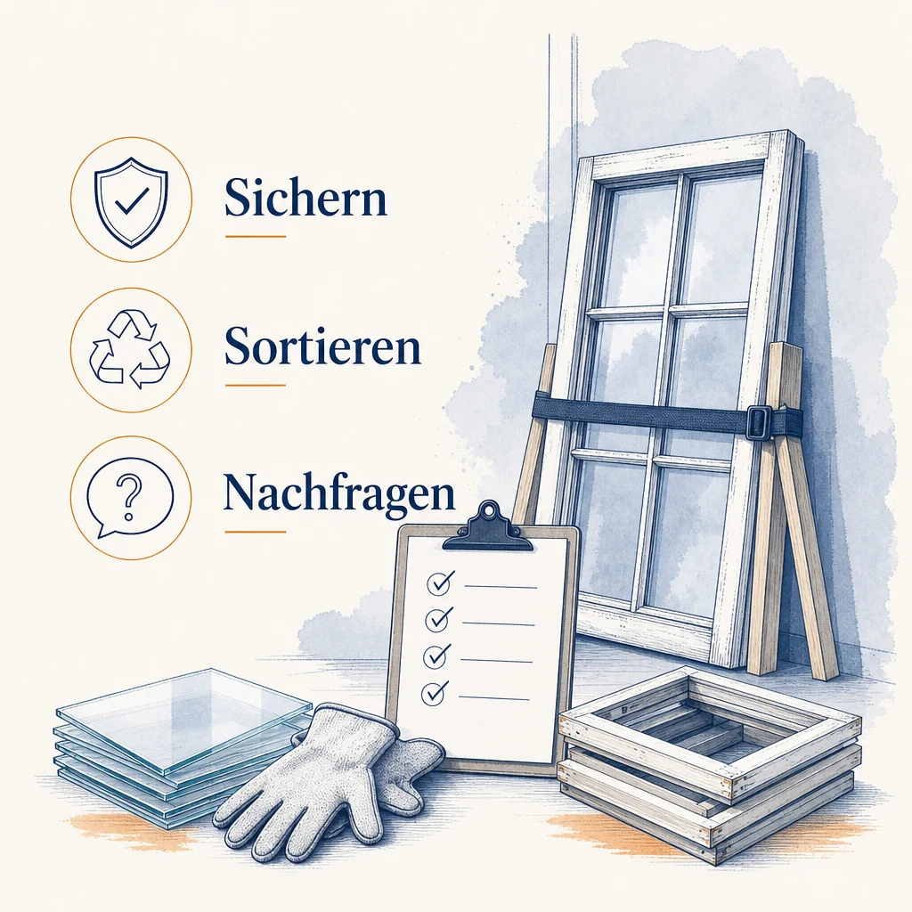Ratgebergrafik: alte Fenster sichern sortieren und Annahme nachfragen