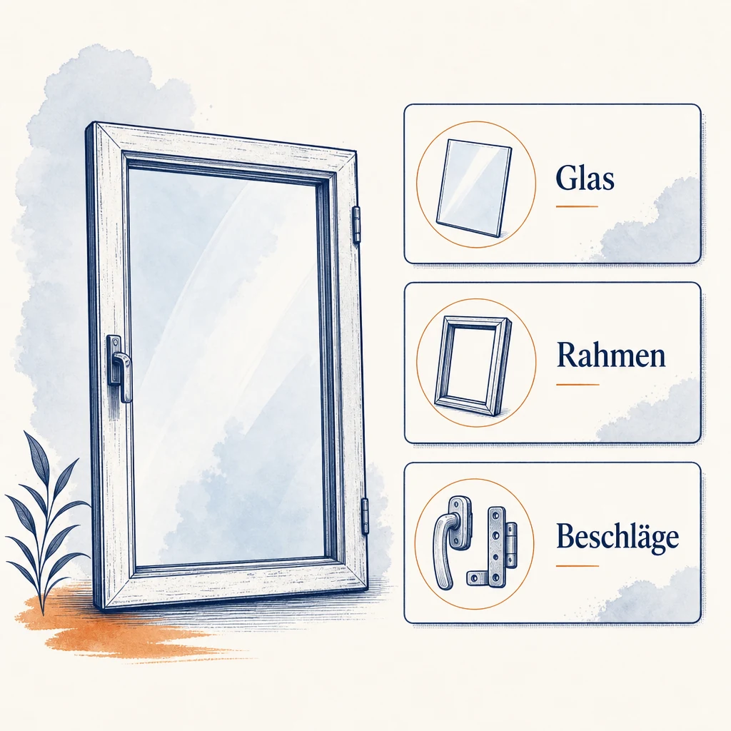 Ratgebergrafik: alte Fenster nach Glas Rahmen und Beschlägen sortieren