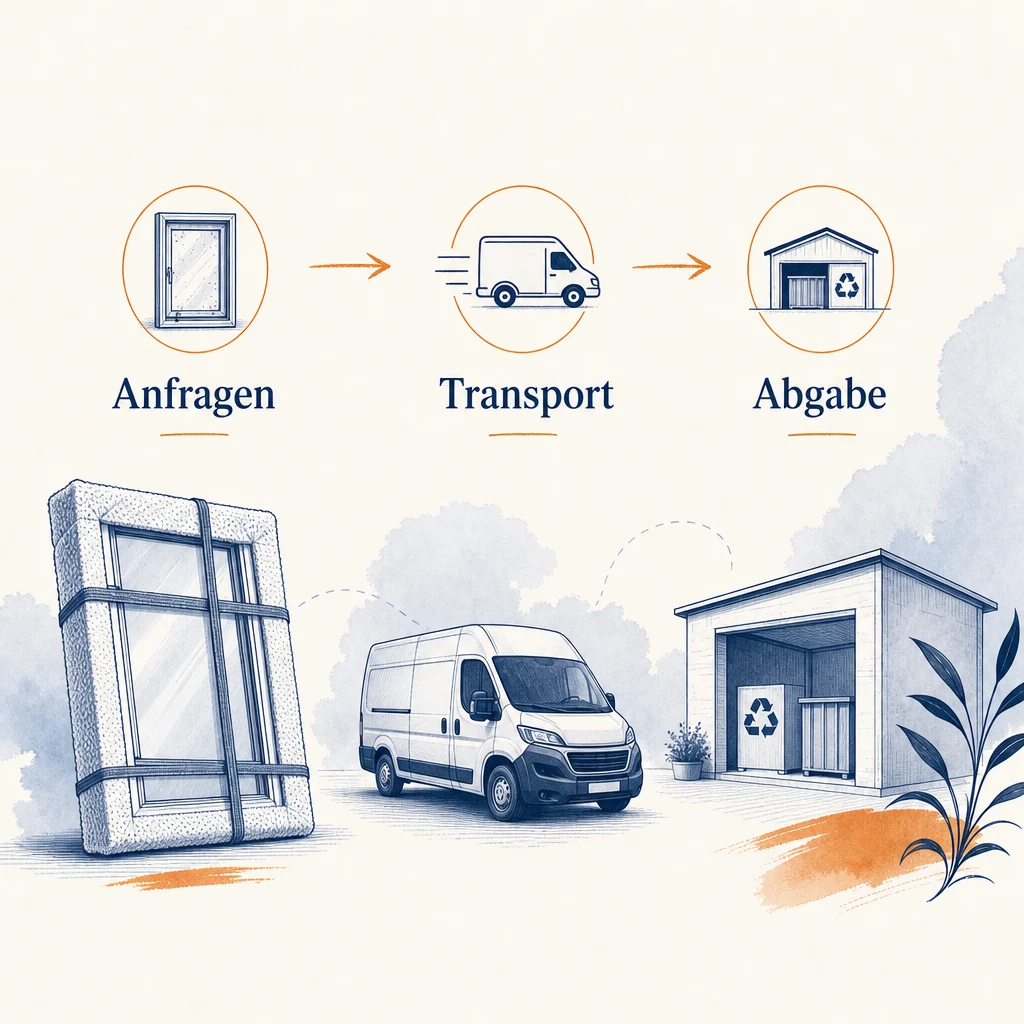 Ratgebergrafik: Entsorgungsweg für alte Fenster mit Anfrage Transport und Abgabe