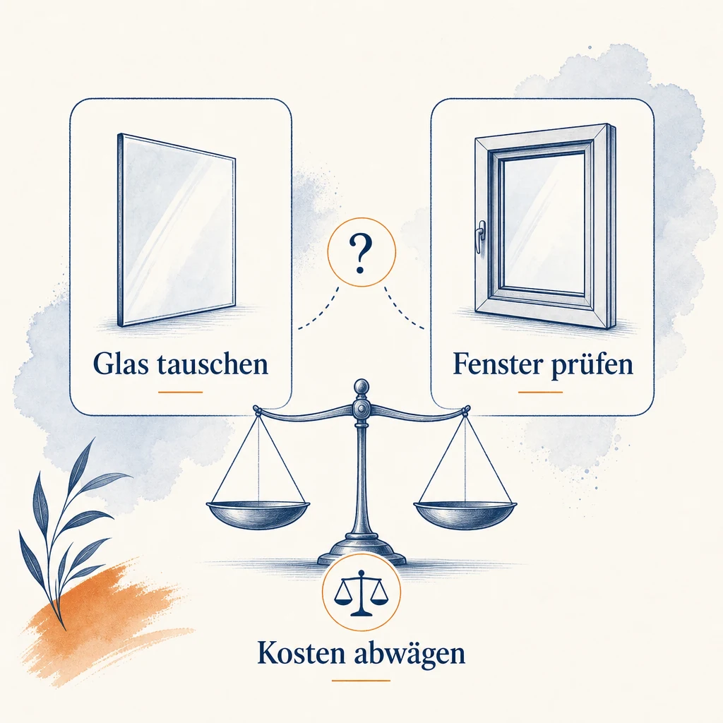 Ratgebergrafik: Glasscheibe tauschen oder Fensterzustand prüfen