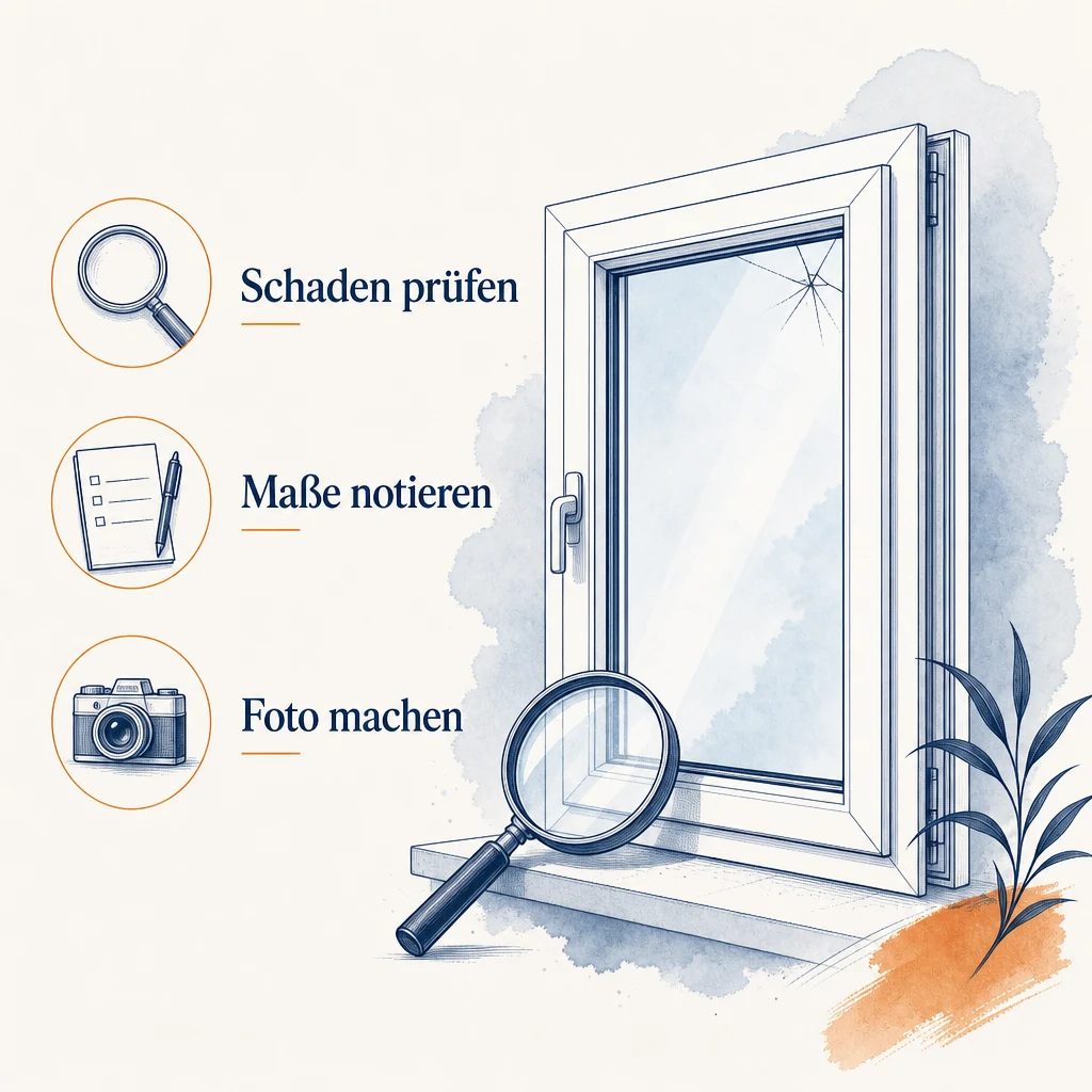 Ratgebergrafik: Glasschaden am Kunststofffenster prüfen, Maße notieren und Foto machen