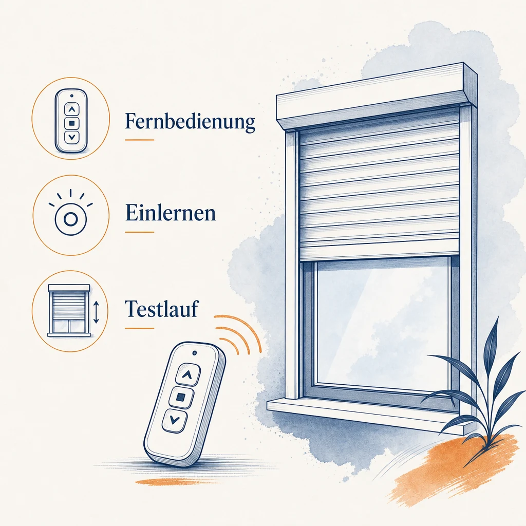 Ratgebergrafik: Rollladenmotor Fernbedienung einlernen und Testlauf prüfen