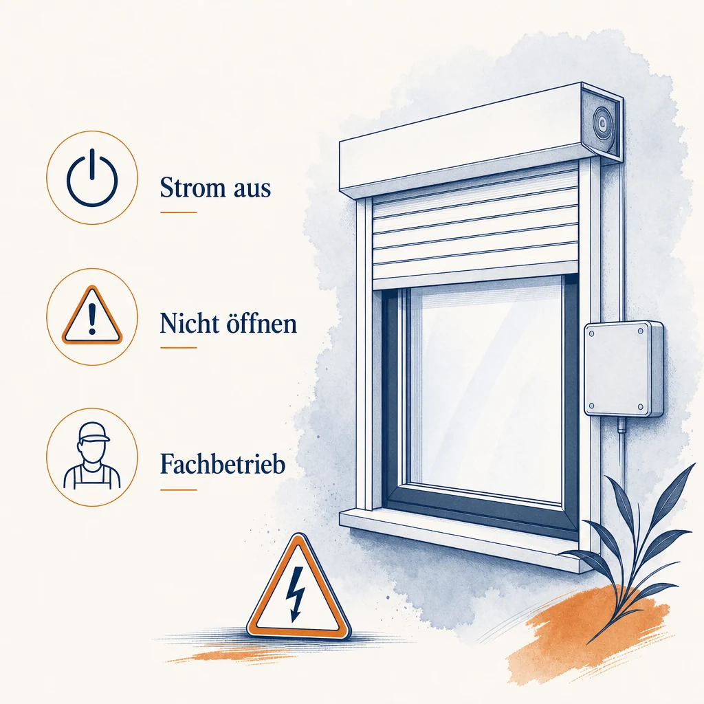Ratgebergrafik: Strom aus, nicht öffnen, Fachbetrieb für Rollladenmotor
