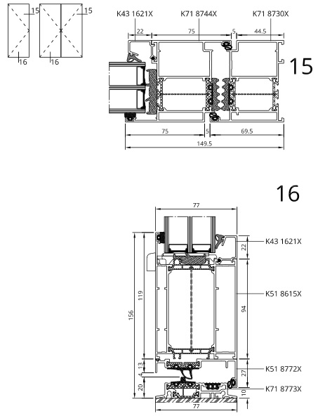 Alutüren MB-86SI Rahmen und Schwelle Detailzeichnungen